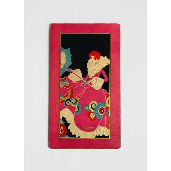 Vtg Art Deco Bridge Score Pad Booklet Lady Pink Dress with Umbrella 1920s-30s - Picture 1 of 5